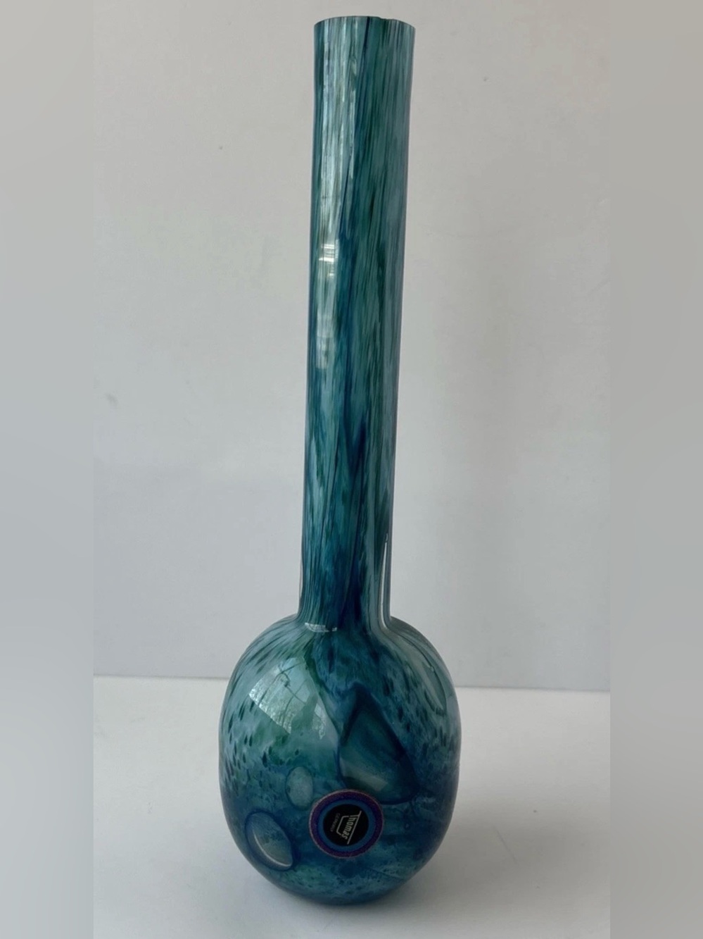 Thomas Germany Art Glass Bud Vase MCM Blue Teal Swirl Hand Blown 8" Rosenthal‎